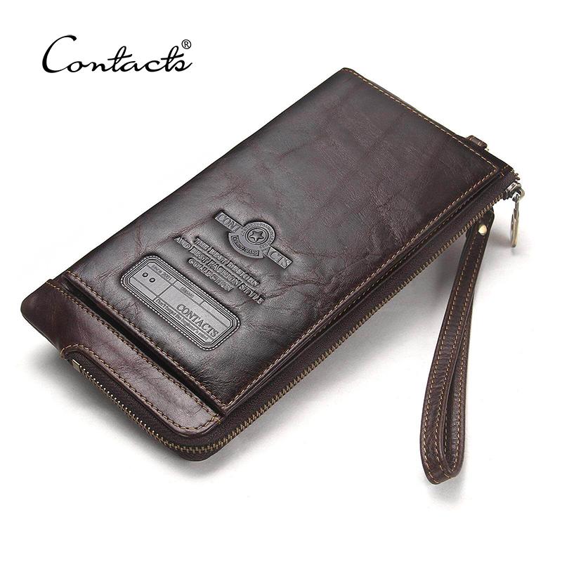CONTACTS CONTACT'S Genuine Leather Long Wallets for Men Vintage Clutch Wallets Card Holder Coin Purses Money Clip