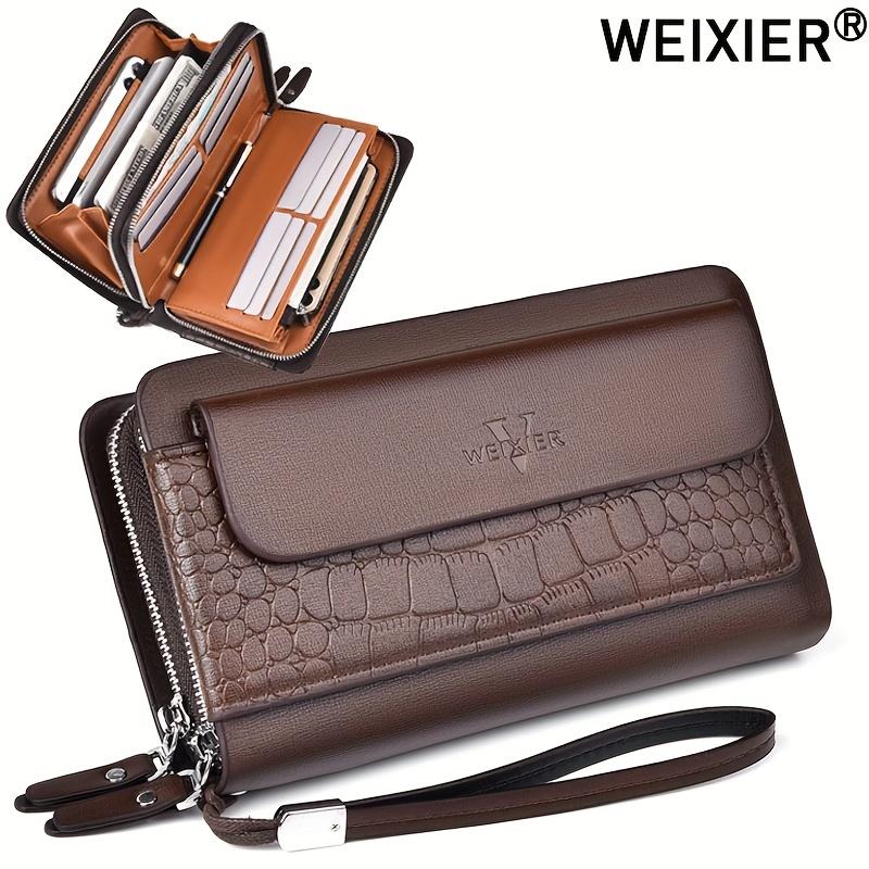 WEIXIER Men Clutch Bag Fashion PU Leather Long Purse Double Zipper Business Wallet Black Brown Male Casual Handy Bag