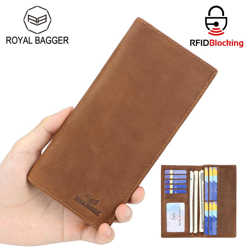 Royal Bagger Retro Men's Long Wallets, RFID Credit Card Holder, Genuine Leather Simple Thin Bifold Wallet Purse