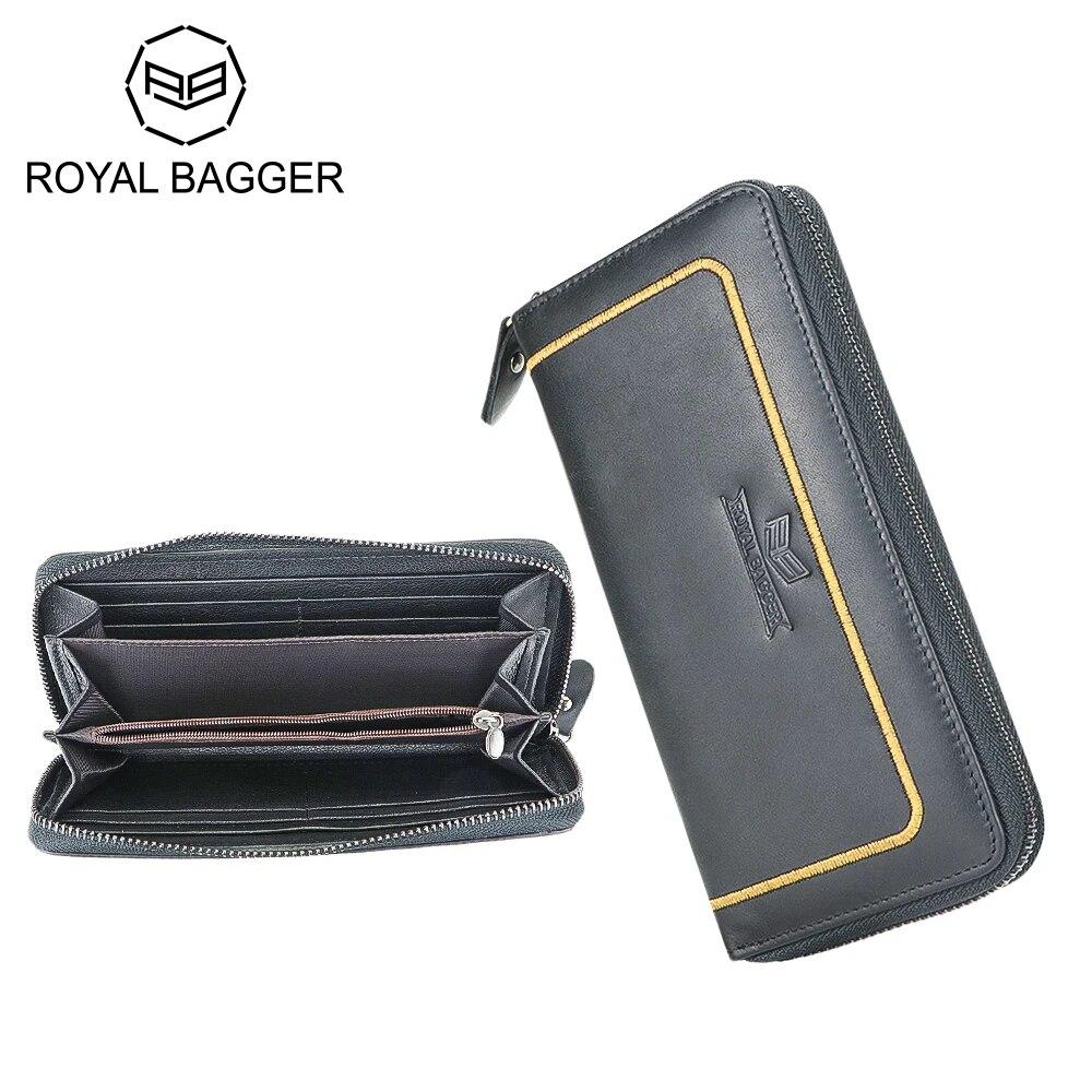 Royal Bagger Genuine Leather Long Wallet for Men, Simple Solid Color Money Clips, Clutch Coin Purse with Multi Card Slots 1654