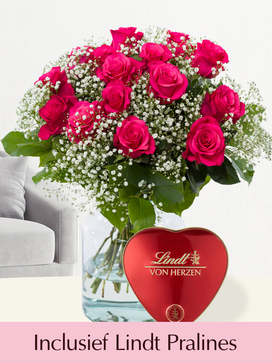 Surprose 15 roze Tacazzi rozen met gipskruid + Lindt hart