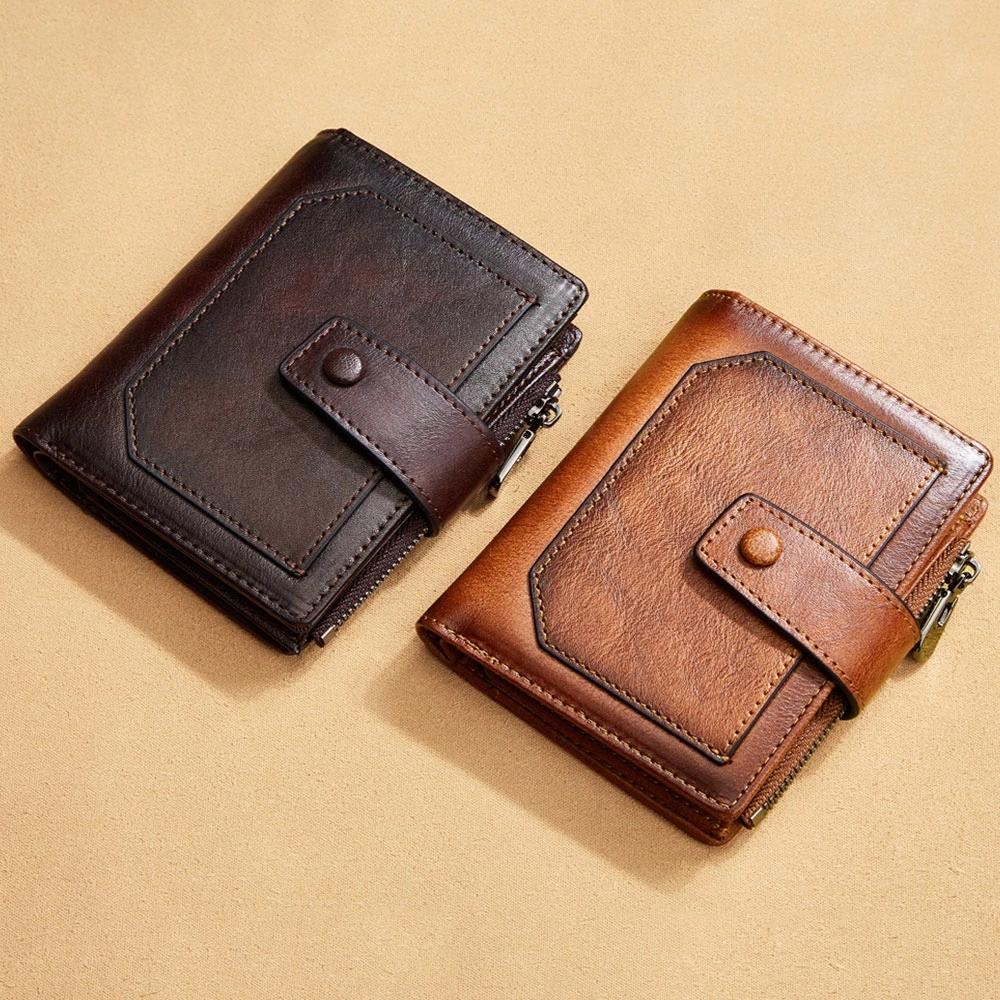Gift Craft Vintage mannen lederen portemonnee RFID blokkeren driebladige korte multifunctionele geldclip grote capaciteit rits portemonnee