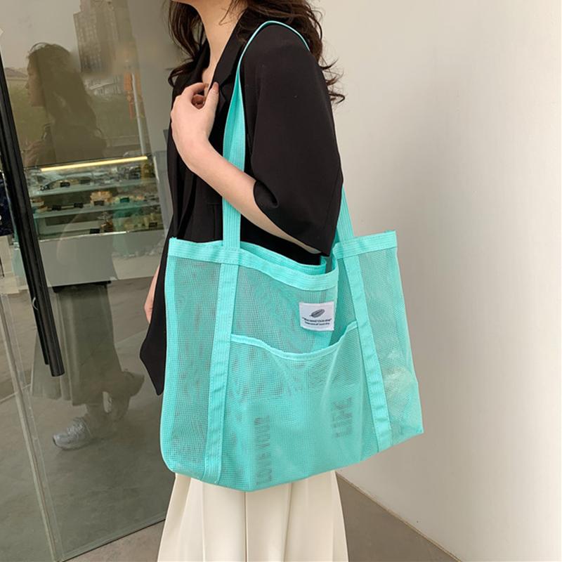 Yogodlns Women Mesh Large Capacity Hollow Out Beach Shoulder Bag Fashion Nylon Solid Color Shopper Tote Bag