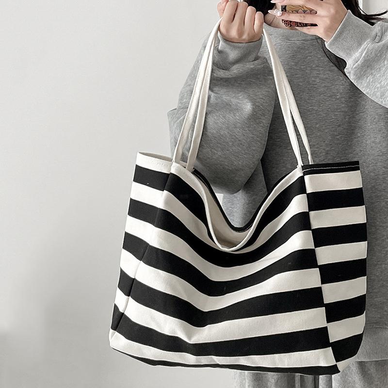 Yogodlns Women's Tote Bag Canvas Stripe Large Capacity Advanced Sense Handbag Convenient Practical Female's Commuter Shoulder Bag
