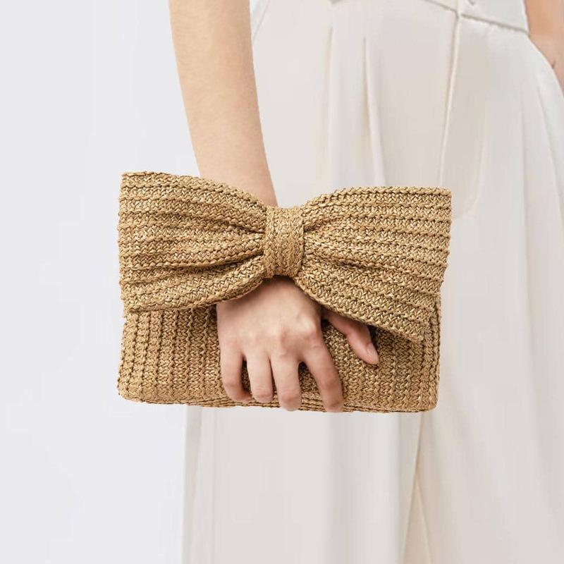 Yogodlns Fashion Trend Bow Straw Woven Handbags New Designer Women Hand-Woven Rattan Evening Clutch Bags Party Purse Day Clutches