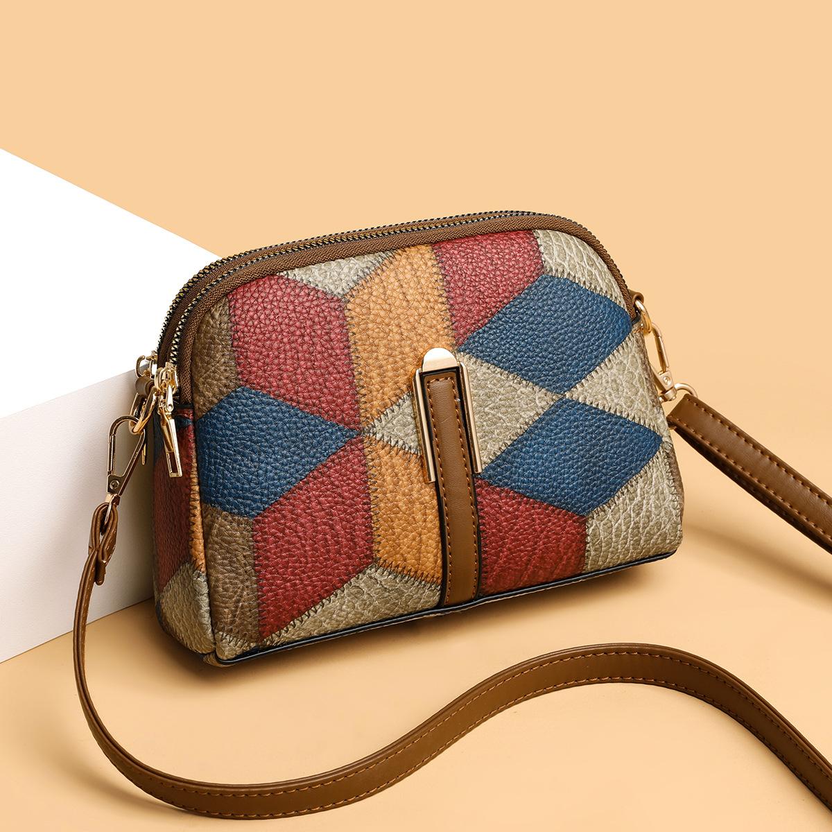 HUANZI BAG 2024 New Color Blocking and Versatile Ethnic and National Style Fashion Trend Double Zipper Single Shoulder Crossbody Change Phone Bag