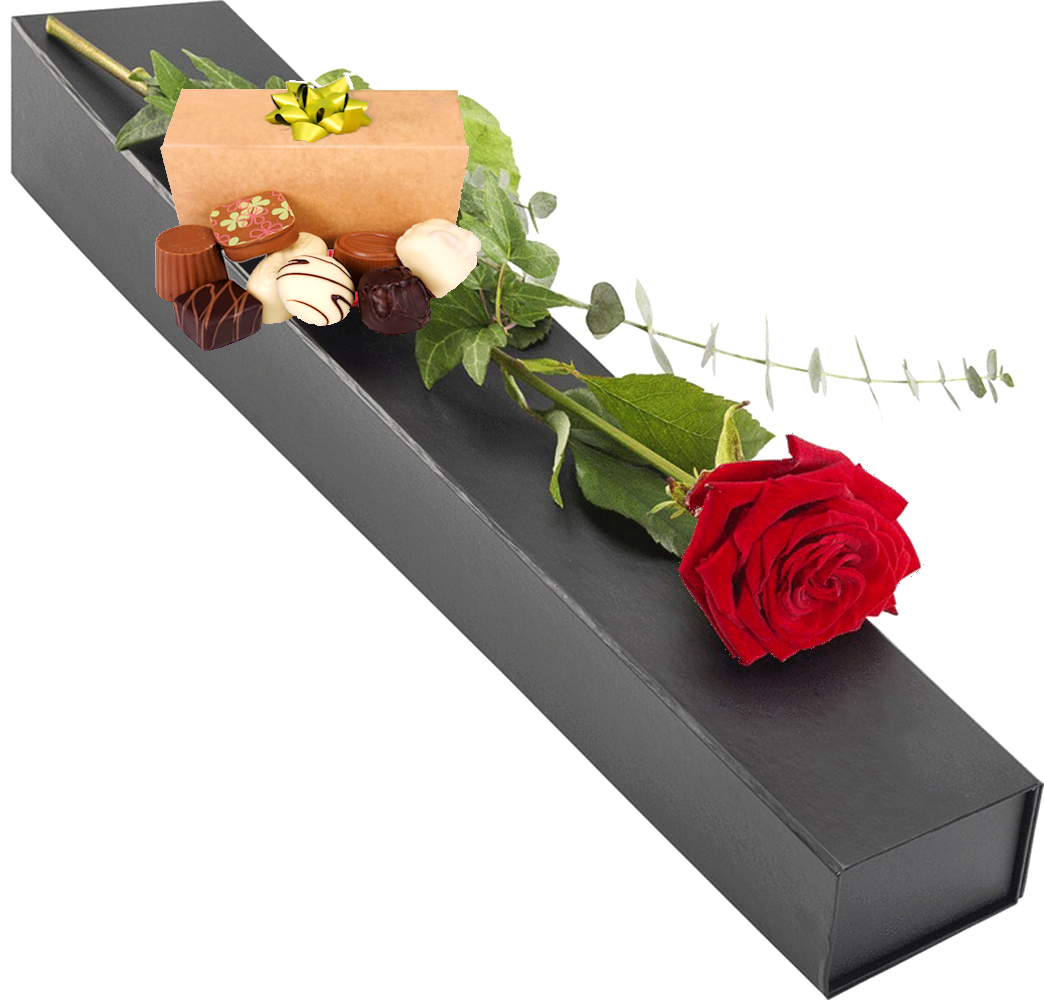 Boeketcadeau Moederdag rode roos in luxe zwarte geschenkdoos + 150 gram handgemaakte bonbons