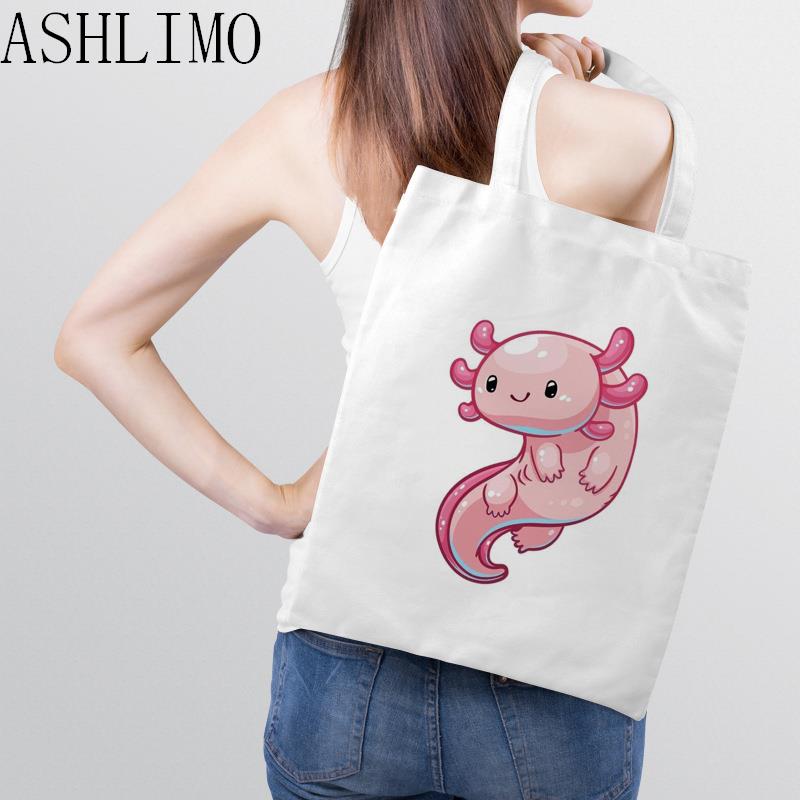 Iaidegou-7 Kawaii Roze Axolotl Handtas Opvouwbare Herbruikbare Doek Vrouwen Elegante Shopper Harajuku Tas Student Canvas Draagtas Boodschappentas