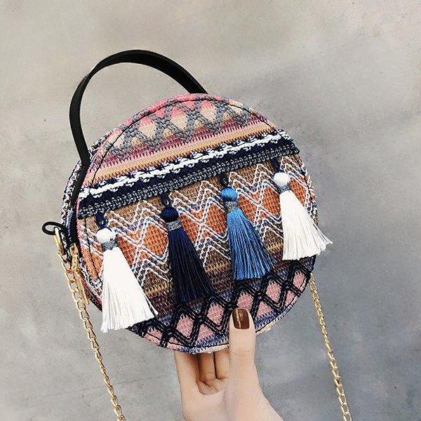 Amy Life Canvas Bag Small Round Bag Ethnic Style Bag for Women Tassel Crossbody Bag Fashion Personalized Bag Phone Bag