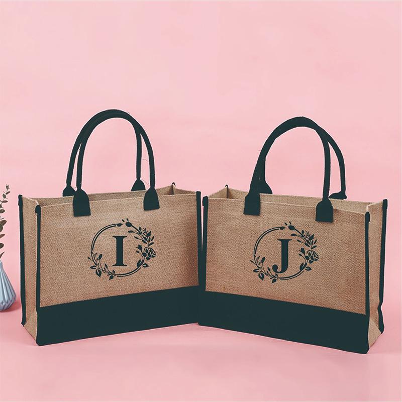 H3Lifestyle 1PC Reusable Shoulder Bag Jute Shopping Bag Handbag Storage Bag Canvas Tote Letters Flower Portable