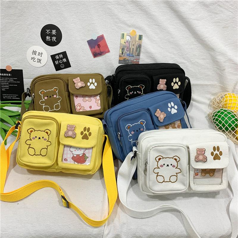 Fashionable Women Bags Canvas Small Bag Japanese ins Women Shoulder Bag Cute Funny Personality Embroidery Bear Girl Student Transparent Messenger Bag