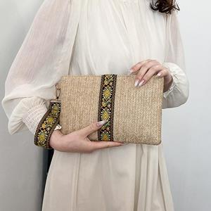Yogodlns Embroidery Straw Woven Bag Women's Clutch Bag Summer Beach Handbag Wristlet Bag Mobile Phone Bag Female Purse