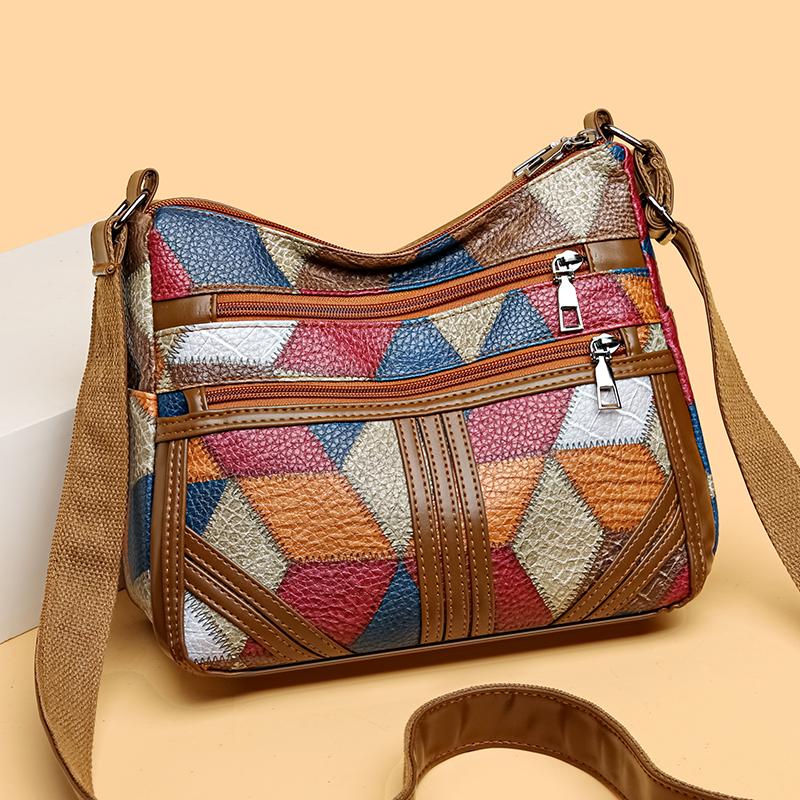 Kuluosidi Middle-Aged Mother Bag Women's Crossbody Bag Stitching Color Contrast Shoulder Bag Multi-Pocket Bag Mobile Phone Bag