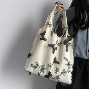 MOJOTO Embroidered Butterfly Canvas Lace Bag Large Capacity Versatile Shoulder Bag Shopping Bag