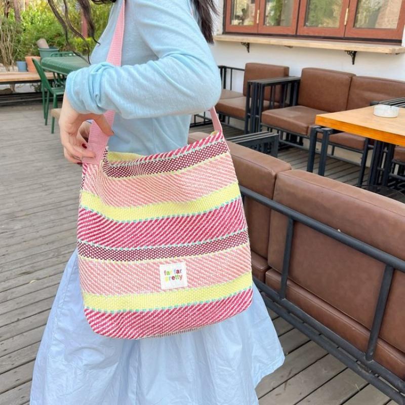 RUWB BAGS 2024 Summer Ladies Colorful Large Capacity One Shoulder Woven Tote Bags For Women Collision Colored Striped Handbag
