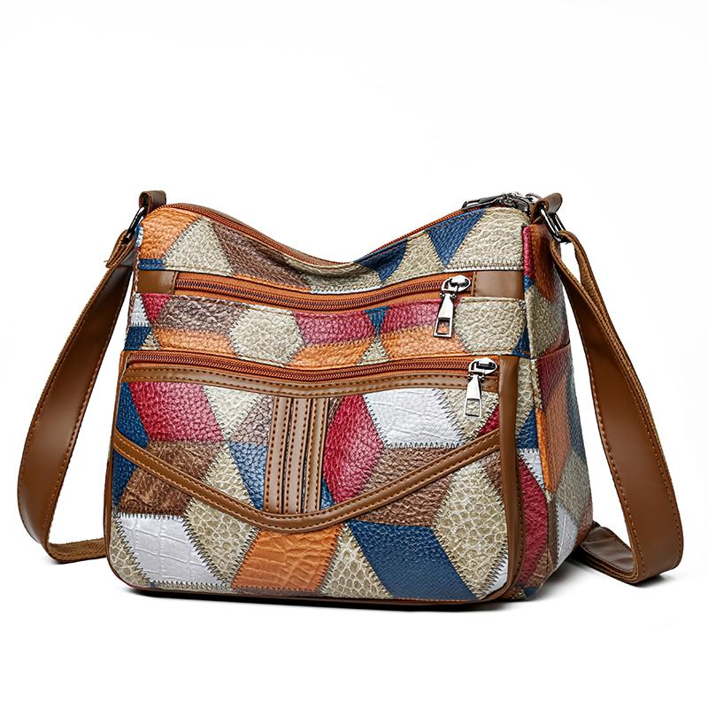 Kuluosidi Women's Middle-aged Mother Bag Large Capacity Stitching Shoulder Bag Soft Leather Multi-pocket Crossbody Bag