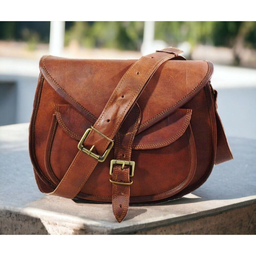 Vintage Goat leather Bags Goat Leather Vintage Saddle Bag Genuine Brown Messenger Shoulder Cross body Bag