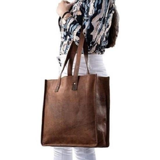 Vintage Goat leather Bags 14X14 Inch Large Real Goat Leather Shoulder Bag Tote Shopping Brown Women's