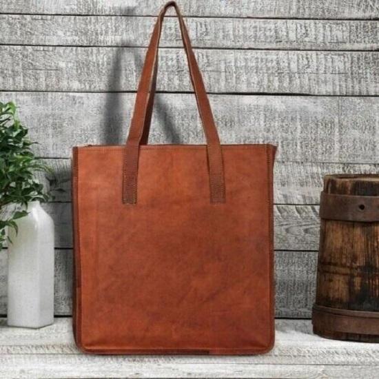 Vintage Goat leather Bags Large Goat 14 BY 14 Inch Leather Shoulder Bag Tote Shopping Brown Women's