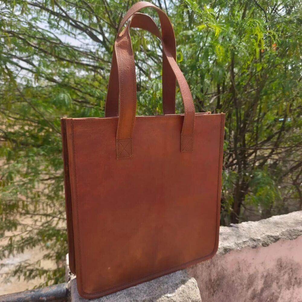 Vintage Goat leather Bags 14X14 Women Shoulder Tote Leather Bag Shopping Handbag Crossbody Evening