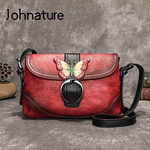 Johnature Retro eerste laag koe lederen vrouwen tas handgeschilderde vrije tijd schoudertassen hasp kleine dame messenger tas