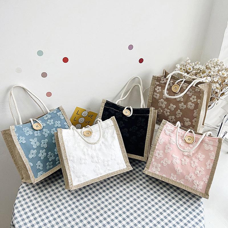 1N Accessories 1PC Women Lunch Bag Handbag Tote Shopping Bag Canvas Bag Grocery Bag Beach Linen Button