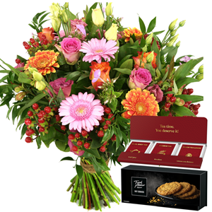 Boeketcadeau Boeket oranje - roze + thee en koekjes (135gram)