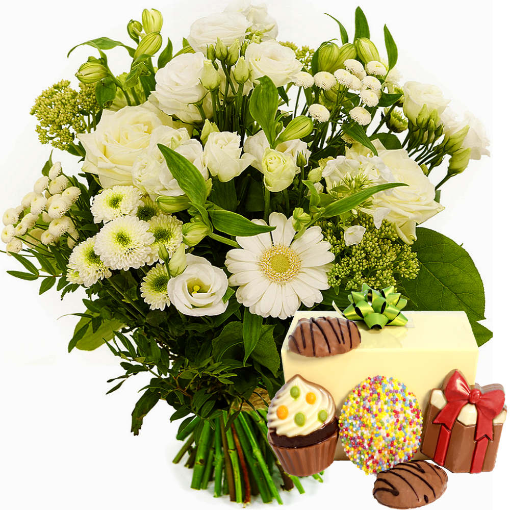 Boeketcadeau Boeket witte bloemen met feestchocolade 250 gram