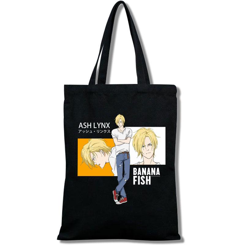 Aidegou31 Anime Banana Fish Cartoon Anime Graphic Harajuku Black Canvas Print Shopping Bags Lives Fashion Casual Package Tote Bag