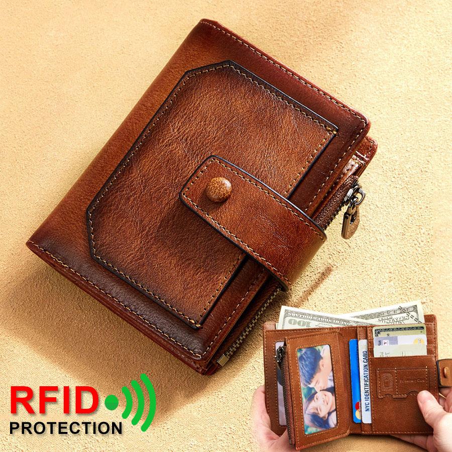 Khalesex Vintage mannen lederen portemonnee RFID blokkeren driebladige korte multifunctionele geldclip grote capaciteit rits portemonnee