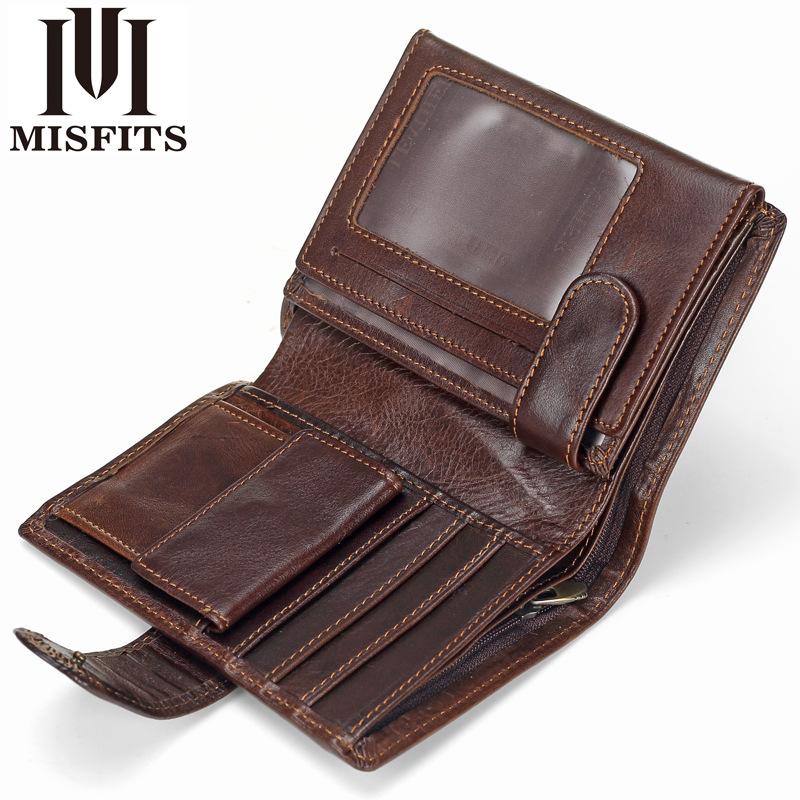 MISFITS Mannen Portemonnee Olie Wax Koeienhuid Lederen Portefeuilles Portemonnee Clutch Hasp Open Top Kwaliteit Retro Korte Portemonnee 13.5 cm zwart