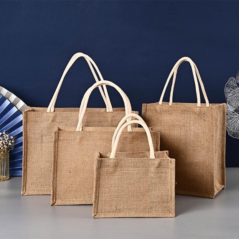 Max-bestprice Vrouwen Grote Capaciteit Herbruikbare Handtas Blank Jute Tote Jute Strand Boodschappentas met Handvat Reis Opberg Organizer 22*16*13cm