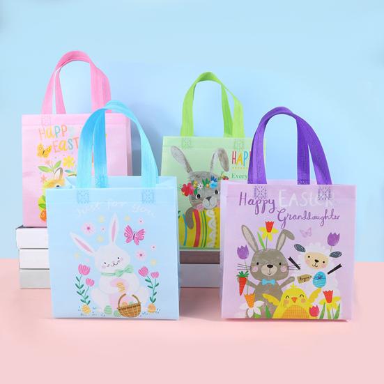 Hayoxi 4 stuks Happy Easter handtas draagbaar handvat Bunny kleurrijk ei niet-geweven stof traktatie goodies draagtasje shopper cadeautasje Pasen festival cadeau paars