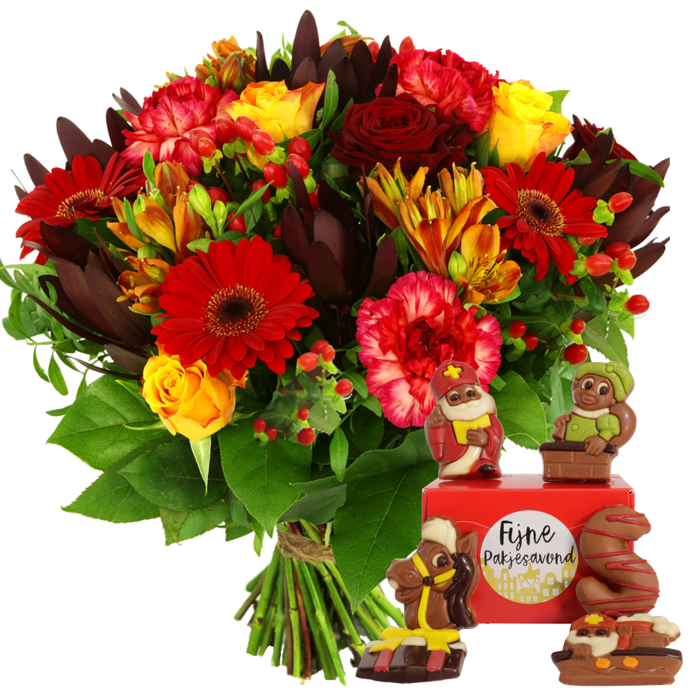 Boeketcadeau Rode en oranje sinterklaas bloemen en chocolade