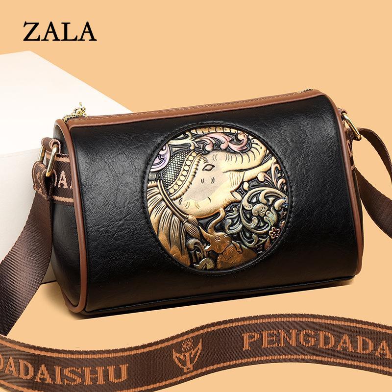 ZALA Bag Vrouwen Crossbody Tas Grote Capaciteit Kussen Tas Forenzen Retro Etnische Stijl Olifant Vrouwen Schoudertas 25x13x20cm zwart