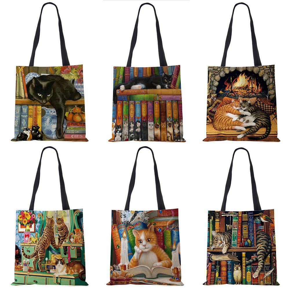 VIA ROMA Aanpassen van olieverfschilderij Cat Print Womens Designer Tote Bags Linnen Herbruikbare boodschappentas voor boodschappen Schoudertassen voor Lady 2020