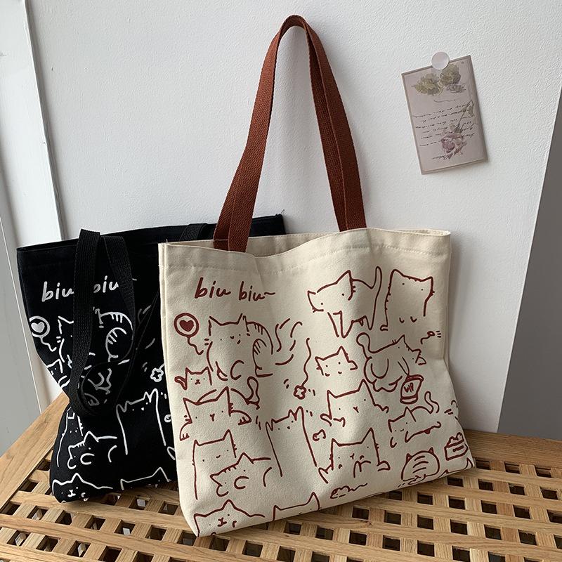 YuTao Scriptures 042 Canvas tassen handtas voor dames Shopper schattige kat draagtas met rits Designer tas Japanse stijl cartoon kleine schoudertassen beige