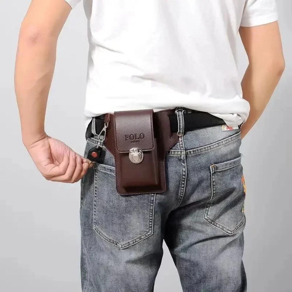 Luoiao368 Solid color Phone Waistpack PU Card Bag High Quality Men's Belt Leather Case Coffee-Style A