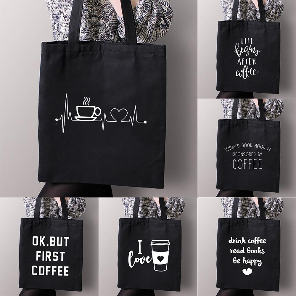 Aidegou17 Eerste koffie afdrukken canvas winkelen zwarte tassen moeder leven vrouwen katoenen gesp tote tassen vrouwelijke shopper leraar student boek tassen 24*26cm