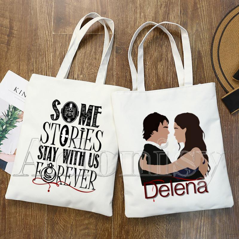 Aidegou20 The Vampire Diaries Grappige Boodschappentas Grafische Tote Harajuku Vrouwen Canvas Schoudertas Vrouwelijke Ulzzang Eco Grote Capaciteit 24*26cm