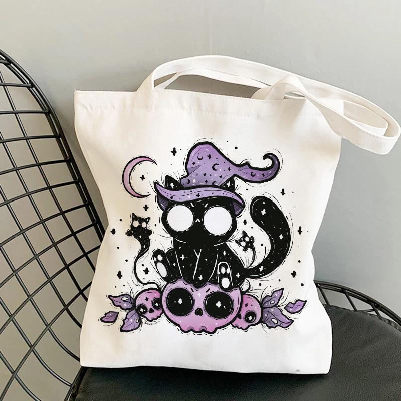 Aidegou13 Schedel Kat Boodschappentas Kunstschilderijen Tote Bag Opvouwbare boodschappentas Jute Tas Shopper Bag Herbruikbare Eco Bag Shopping Handtas Tas 24*26cm