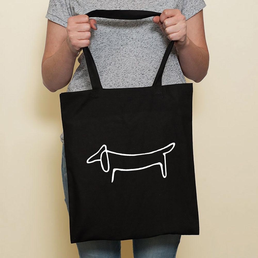 Iaidegou-4 Leuke hond Harajuku mode winkelen zwarte tassen canvas tote tas bulldog moeder teckel herbruikbare doek tas handtas schoudertassen 24*26cm