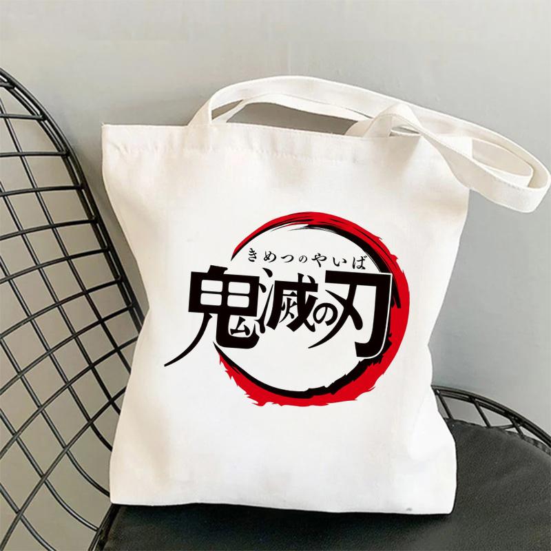 Aidegou2 Kawaii Demon Slayer Kimetsu No Yaiba Anime Shopper Bag Tote Bag Shopping Bag Travel Canvas Bag Pacakge Handtas White Beach Bag 24*26CM