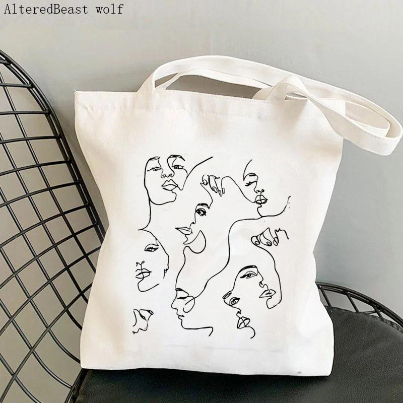 Iaidegou-1 2021 Shopper Vrouw Gezicht Een Lijn Art Gedrukt Tote Bag Vrouwen Harajuku Shopper Handtas Meisje Schouder Boodschappentas Dame canvas Tas 24*26cm