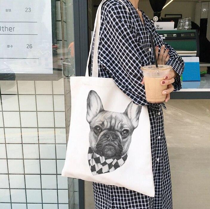 Iaidegou-1 Franse Bulldog Tas Dames Handtassen Doek Canvas Tote Hondenliefhebber Tas Winkelen Reizen Vrouwen Eco Herbruikbare Schouder Shopper Tassen 24*26cm