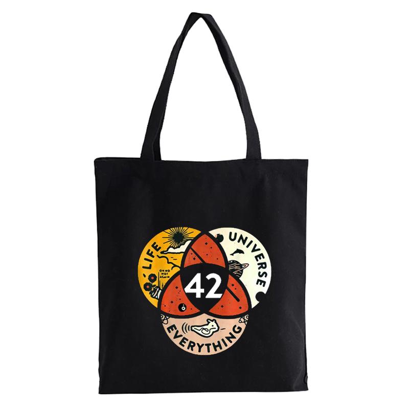 Iaidegou-1 42 Het antwoord op het leven Het universum en alles Douglas Adams canvas tas Unisex schoudertas Eco handtas Tote tas Shopper tas 24*26cm zwart