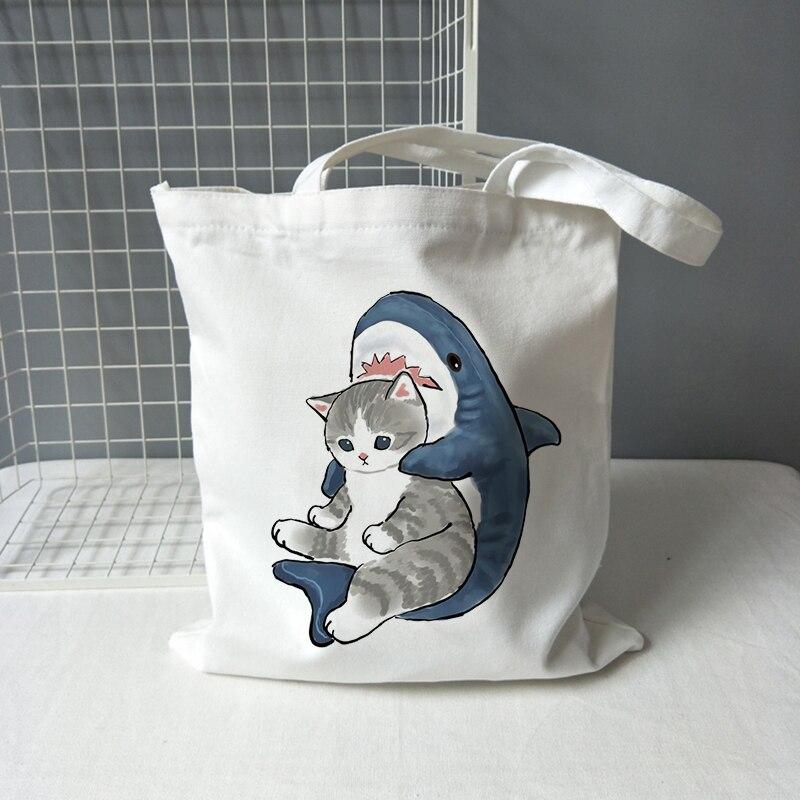 Iaidegou-1 Harajuku Kawaii Kat Shark Y2k Schoudertas Mode Casual Vrouwen Canvas Tas Cartoon Grote Capaciteit Rits Vrouwen Tas Shopper tassen 24*26cm