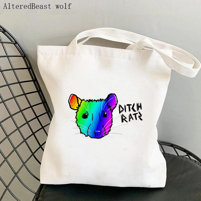 Aidegou13 Vrouwen Shopper Tas TROTS RAT Regenboog Rat Kawaii Tas Harajuku Winkelen Canvas Shopper Tas Meisje Handtas Tote Schouder Dame Tas 24*26cm