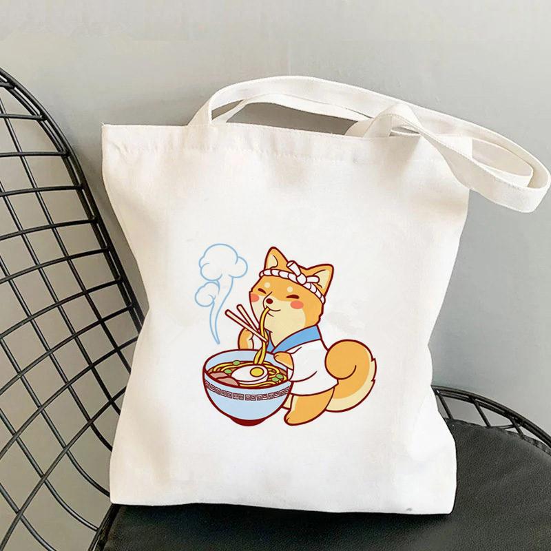 Aidegou13 Shopper Ramen Cartoons Shiba Corgi Gedrukt Tote Bag Vrouwen Harajuku Shopper Handtas Meisje Schouder Boodschappentas Dame Canvas Tas 24*26cm