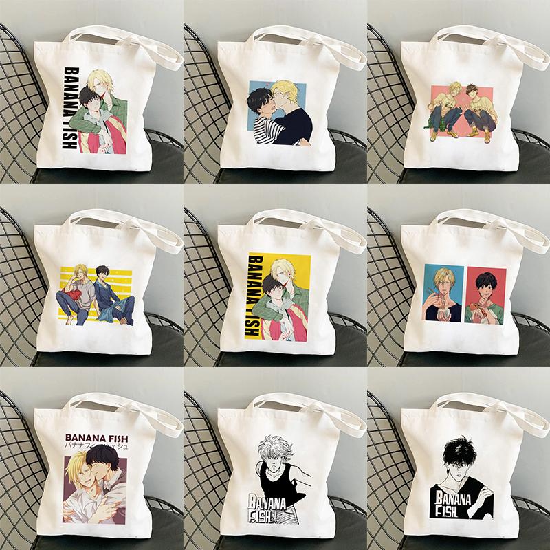 Aidegou13 Harajuku Shopper Tassen Shopping Bag Handtassen Anime Banaan Vis Yaoi Bl Grafische Dames Canvas Tote Tassen Herbruikbare Schoudertassen 24*26cm